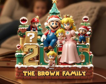 Personalized Super Mario Family Light Box Custom Christmas Gift, Acrylic LED Night Light with Mario Peach and Kids, Custom Family Name