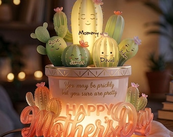 Personalized Cactus Mom & Kids Light Box, Custom Acrylic LED Lamp for Mother's Day, Unique Gift for Mom from Kids, Home Decor Night Light