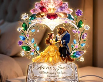 Personalized Beauty & the Beast Light Box, Custom Couple Night Light, Acrylic LED Lamp, Enchanted Rose Anniversary Gift for Her Him