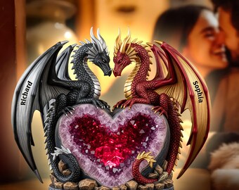 Personalized Dragon Couple Light Box, Custom Names Fantasy LED Lamp, Unique Anniversary Gift for Him Her, Romantic Geode Heart Decor