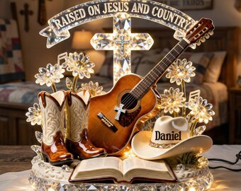 Personalized Raised On Jesus Country Light Box, Custom Christian Guitarist Gift, Cowboy Boots Bible LED Acrylic Sign for Faith Home Decor