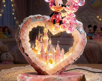 Spersonalizowany zamek z motywem Myszki Miki i Minnie, spersonalizowana akrylowa lampa w kształcie serca dla par, prezent na rocznicę Disneya z imionami, romantyczna lampka nocna