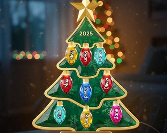 Personalized Xmas Tree Light Box, Custom Family Name & Ornaments Acrylic LED Night Light, Holiday Decor Gift for Family, Christmas Present