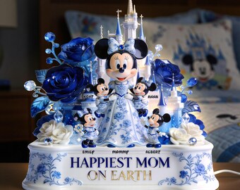 Personalized Disney Minnie Mouse Light Box for Mom, Custom Toile de Jouy Castle Night Light with Kids Names, Unique Mother's Day Gift