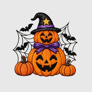 May include: An embroidered patch featuring a stack of two orange jack-o'-lanterns with black carved faces. The top pumpkin wears a black witch hat with a yellow star. A purple bow sits between the pumpkins. Two smaller pumpkins, black bats, and a spiderweb complete the design.