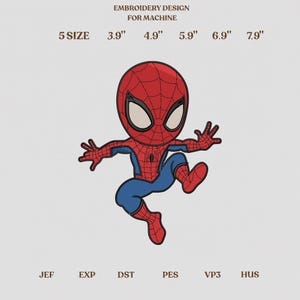 Puede incluir: Un diseño de bordado para máquina con un personaje de dibujos animados en traje rojo y azul, ojos blancos grandes y patrón de telaraña. Texto: EMBROIDERY DESIGN FOR MACHINE, 5 SIZE, 3.9", 4.9", 5.9", 6.9", 7.9", JEF, EXP, DST, PES, VP3, HUS.