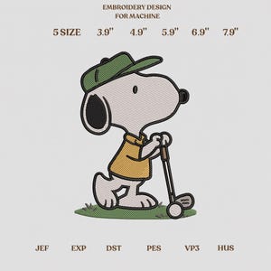 Könnte beinhalten: Maschinenstickdesign mit einem weißen Cartoon-Hund in grüner Kappe und gelbem Oberteil, der einen Golfschläger auf einer grünen Fläche hält. Text: EMBROIDERY DESIGN FOR MACHINE und 5 Größen: 3,9", 4,9", 5,9", 6,9", 7,9".