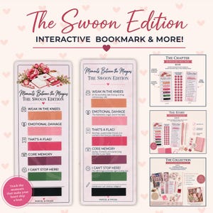 May include: The Swoon Edition interactive bookmark set features two vertical cards with color-coded reading categories like Weak in the Knees and Emotional Damage. The cards include icons, text, and blank spaces for tracking reading moments.