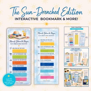 May include: The Sun-Drenched Edition interactive bookmark set features two vertical cards with blue watercolor backgrounds, summer-themed icons, and colorful adhesive tabs labeled with categories like Melting in the Sun and Golden Hour Glow.