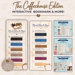 May include: The Coffeehouse Edition interactive bookmark set features reading trackers with color-coded categories like The Espresso Shot, Warm Comfort, A Touch of Bitter, A Perfect Froth, and The Aftertaste. Includes various kits with stamps and stationery.