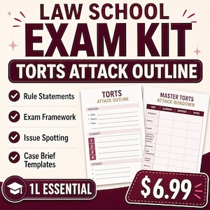 May include: A Law School Exam Kit Torts Attack Outline featuring two printed documents. One page is titled Torts Attack Outline with sections for Overview, Elements, and Defenses. The other is a Master Torts Attack Rundown table with columns.