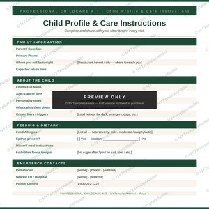 May include: A printable childcare kit template, featuring sections for family details, child information, dietary needs, and emergency contacts. The document is designed to be shared with a babysitter.
