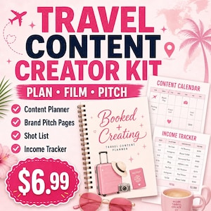 Könnte beinhalten: Ein Reise-Content-Creator-Kit mit einem spiralgebundenen Planer mit dem Titel Booked + Creating, einem Inhaltskalender und einem Einkommenstracker. Das Design umfasst rosa Akzente, einen Koffer, einen Hut, eine Kamera, einen Reisepass und eine Sonnenbrille.