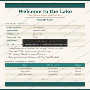 Op de afbeelding: Een welkomstgids getiteld "Welcome to the Lake" met vastgoedinformatie, wifi-informatie en lokale aanbevelingen. De gids bevat een preview-bericht en is ontworpen voor een rustig verblijf aan het water.