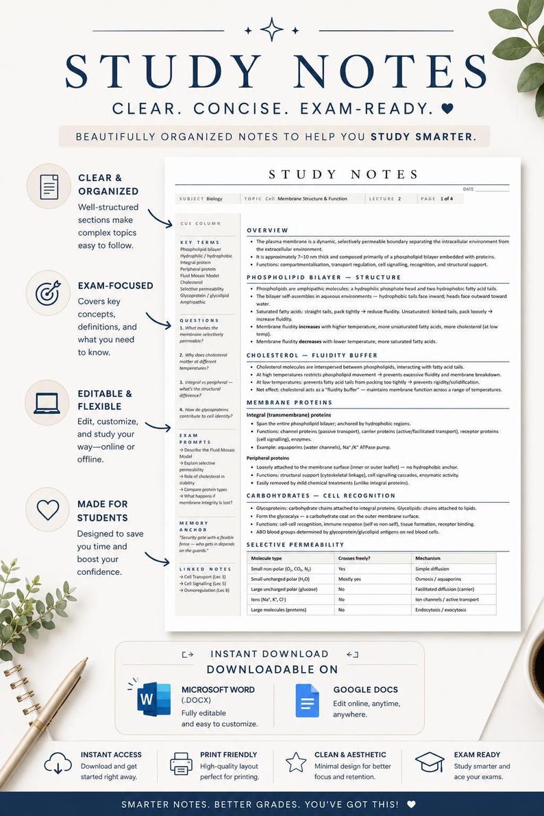 Może przedstawiać: Szczeg&oacute;łowy przewodnik po nauce zatytułowany "Study Notes" z wyraźnymi nagł&oacute;wkami i punktami. Dokument przeznaczony jest do przygotowania do egzaminu, oferując uporządkowane informacje na tematy takie jak struktura i funkcja błony kom&oacute;rkowej. Do pobrania w programie Microsoft Word i Google Docs.