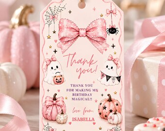 Editable Halloween Thank You Tags for Kids, Pink Spooky Sweet Party Favor Canva Template