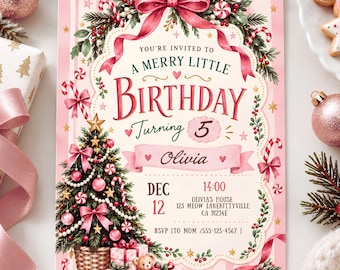 Editable Christmas Birthday Invitation for Girls, Pink Candy Cane Party Template, 5x7 Canva