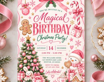 Editable Christmas Birthday Invitation for Girls, Pink Gingerbread Party Template, Watercolor Holiday Style