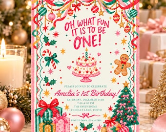Invitation modifiable pour le premier anniversaire d'un garçon ou d'une fille, style rétro festif (modèle Canva).