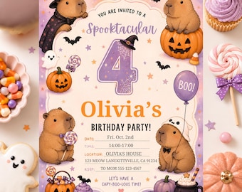 Editable Halloween Capybara 4th Birthday Invitation for Kids, Cute Pastel Party Canva Template, 5x7 Printable