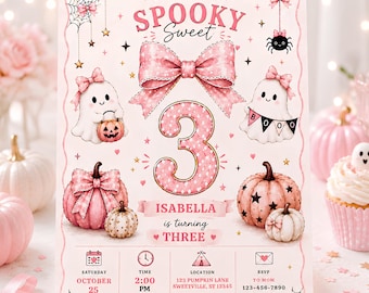 editable pink halloween 3rd birthday invitation for girls, sweet spooky party, pastel bow template, 5x7