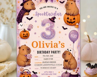 Editable Halloween Capybara Birthday Invitation for Kids, Cute Pastel Party Canva Template, 5x7 Printable
