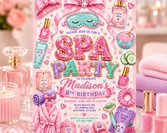 Spa Party Invitation Template, Editable Canva Birthday Invite, Pink Girly Spa Birthday Party, Instant Download