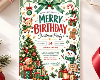 Editable Christmas Birthday Invitation for Boys, Green Holiday Party Template, Festive Watercolor Design