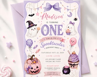 Editable Halloween Birthday Invitation for Girls, Pastel Spooktacular First Party, Canva Template