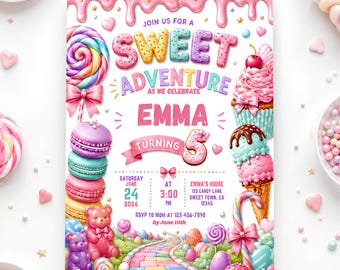 Sweet Adventure Birthday Invitation, Candy Land Party Invite, Editable Canva Template, Instant Download, 5x7