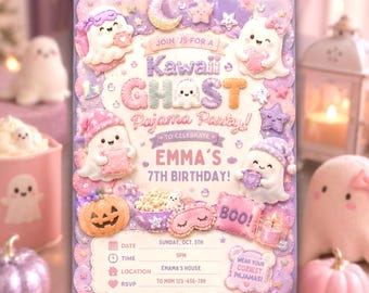 Felt Ghost Pajama Party Invitation, Editable Canva Template, Cute Halloween Birthday Invite, Pastel Ghost Sleepover, Instant Download, 5x7