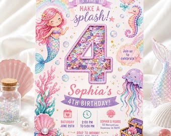 Mermaid 4th Birthday Invitation, Editable Canva Template, Shaker Number Party Invite, Under the Sea Birthday, Instant Download, 5x7