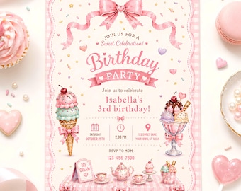 Editable Coquette Ice Cream Birthday Invitation any age for Girls, Pink Bow Canva Template, 5x7 Printable Design