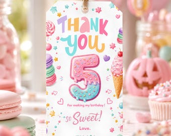 Editable 5th birthday Thank You Tag for Kids, Cute Pastel Party Favor Canva Template