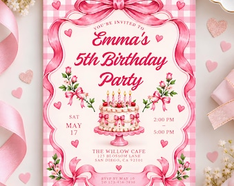 Editable Pink Gingham anyage Birthday Invitation for Girls , Coquette Bow Canva Printable Template