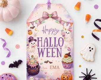 Editable Halloween Thank You Tag for Kids, Cute Pastel Party Favor Canva Template