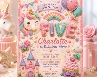 Felt Unicorn Birthday Invitation, Editable Canva Template, Pastel Rainbow Party Invite, Magical Birthday Invitation, Instant Download, 5x7