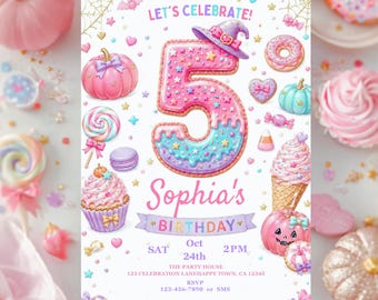Pastel Halloween 5th Birthday Invitation for Girls, Sweet Pumpkin Editable Canva Template Mobile Invitation