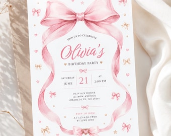 Editable Pink Bow Birthday Invitation for Girls, Watercolor Coquette Canva Template Printed or Digital