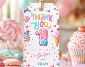 Editable 1st birthday Thank You Tag for Kids, Cute Pastel Party Favor Canva Template