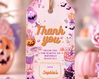 Editable Pastel Halloween Birthday Thank You Tag for girl, Candy Party Favor Canva Template