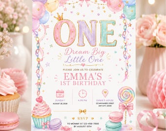 Editable Pastel One Birthday Invitation for Girls, Watercolor Balloon Canva Template