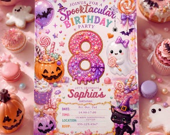 Editable Halloween 8th Birthday Invitation for Girls, Cute Pastel Spooktacular Party Template