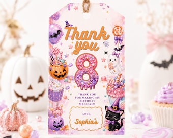 Editable Pastel Halloween 8th Birthday Thank You Tag for Kids, Candy Party Favor Canva Template