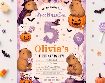 Editable Capybara Halloween Birthday Invitation for Kids, Cute Pastel Party Canva Template, 5x7 Printable