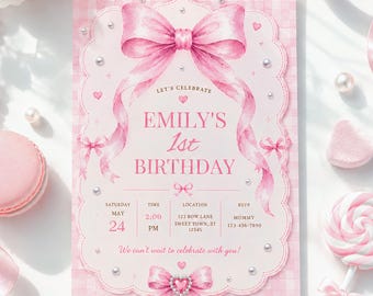 Editable Pink Coquette Bow Birthday Invitation for Girls, Watercolor Canva Template Printed or Digital
