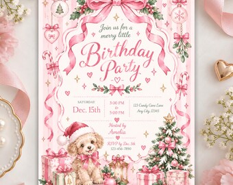 Editable Christmas Birthday Invitation for Girls, Pink Puppy Bow Holiday Party Printable Template