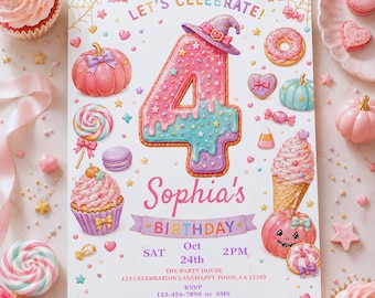 Pastel Halloween 4th Birthday Invitation for Girls, Sweet Pumpkin Editable Canva Template Mobile Invitation