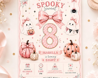 editable pink halloween birthday invitation for girls, sweet spooky party, pastel bow template, 5x7