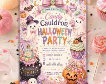 Editable Halloween Invitation for Girls, Candy Cauldron Sweet Pastel Canva Template